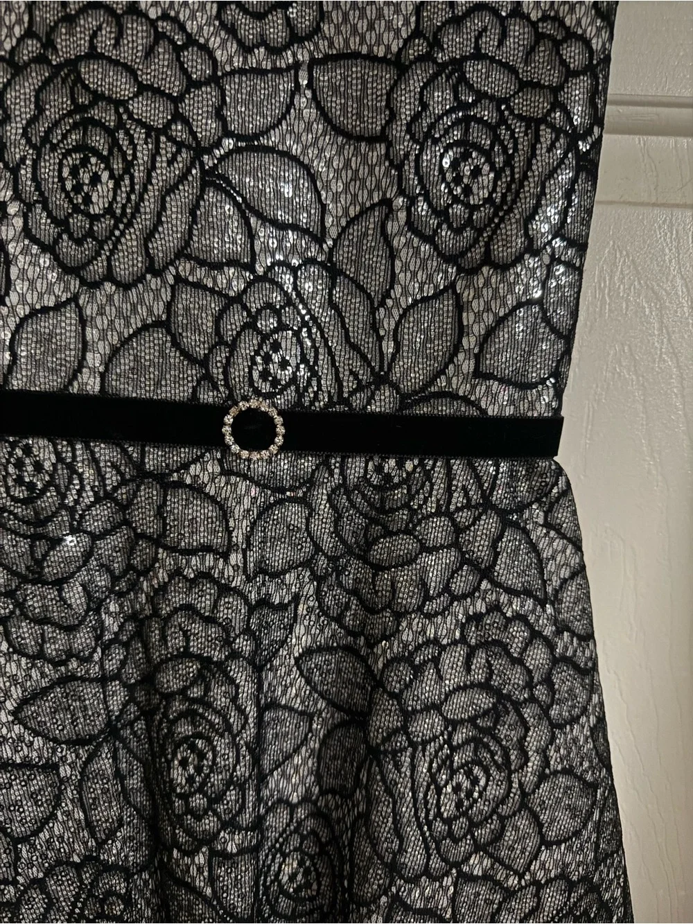 Rare Editions Silver Dress with Black Lace and Belt